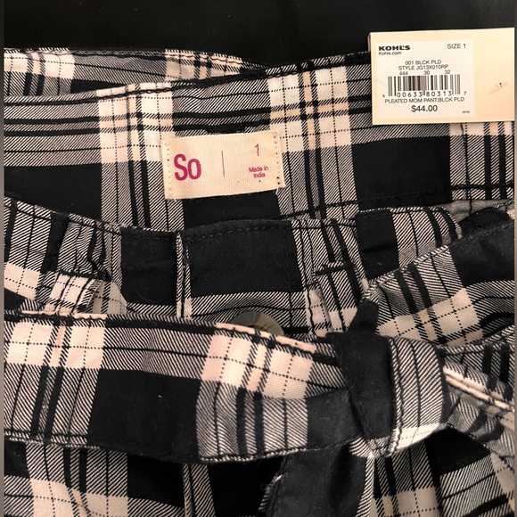 NEW SO Black and White Plaid Straight Leg High-rise Pants w/Adjustable Tie - Picture 5 of 5